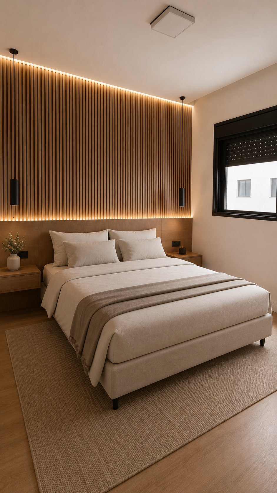 Quarto com painel ripado de madeira